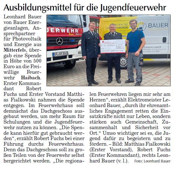 Spende an die Feuerwehr Haibach