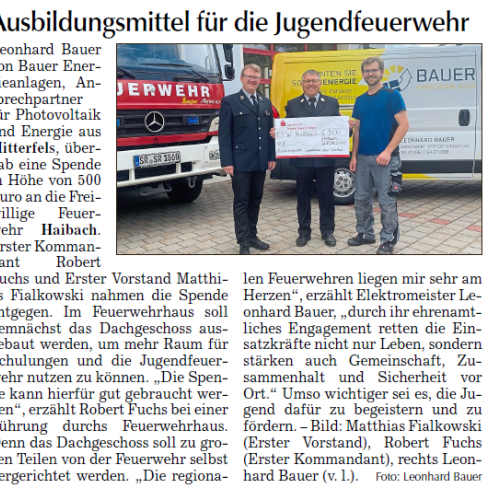 Spende an die Feuerwehr Haibach